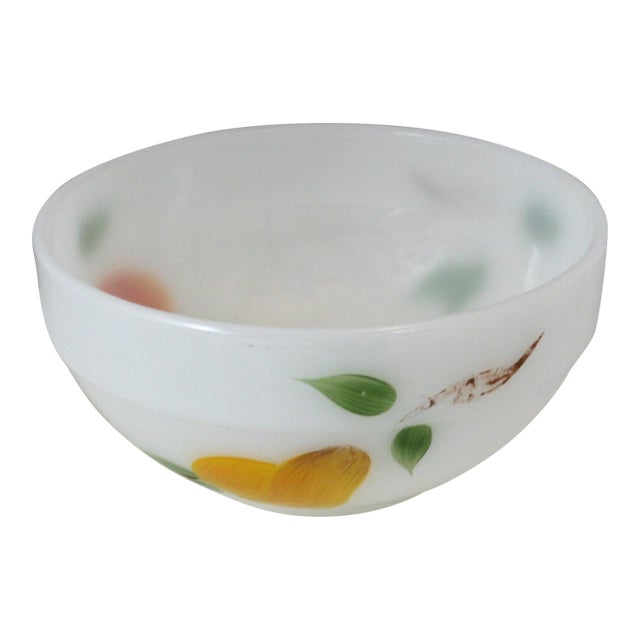 Mid 20th Century Hand Painted Fire King Gay Fad 6" Milk Glass Small Round Bowl Fruit Pattern #16 For Sale
