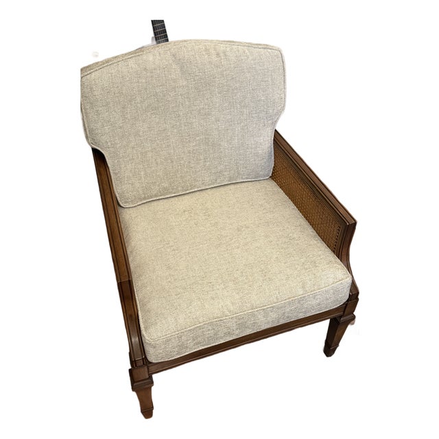 Vintage Drexel Heritage Lineage Collection Cane Lounge Chair With New Neutral Upholstery For Sale