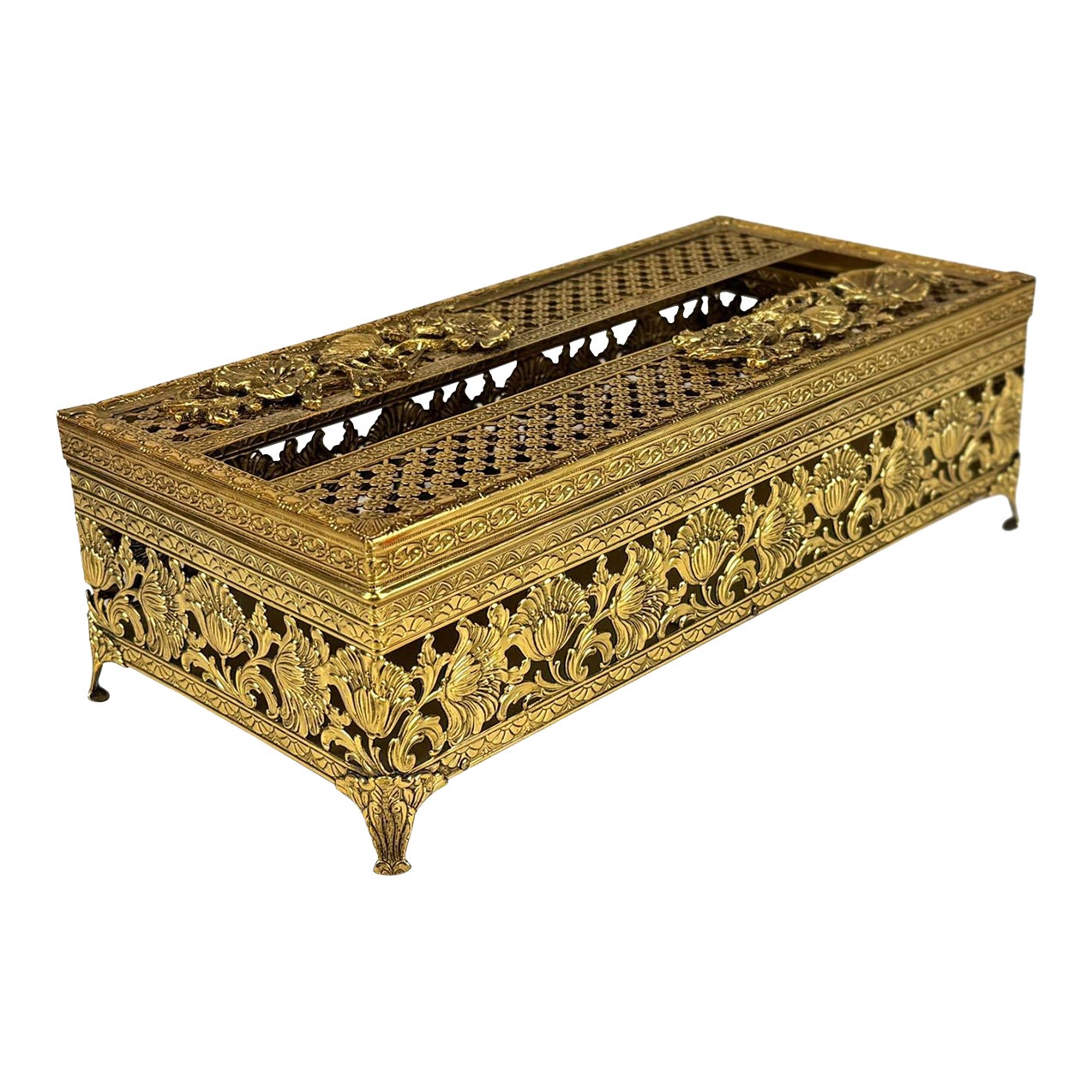 Vintage Italian Rococo Baroque Gold Gilded Pierced Tissue Box