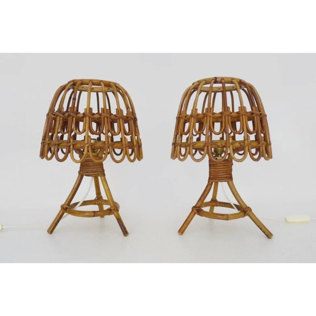 1950s Pair French Louis Sognot Rattan Table Lamps 1950s For Sale - Image 5 of 5