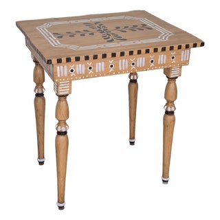 Antique Rustic Hand Painted Mustard Yellow Black & White Tall Side End Table Work Table Small Desk W/ Turned Legs For Sale