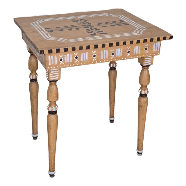 Antique Rustic Hand Painted Mustard Yellow Black & White Tall Side End Table Work Table Small Desk W/ Turned Legs For Sale