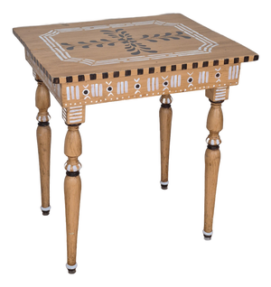 Antique Rustic Hand Painted Mustard Yellow Black & White Tall Side End Table Work Table Small Desk W/ Turned Legs