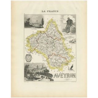 Map of Aveyron France with Rodez and Millau and Wine Routes, 1800s For Sale