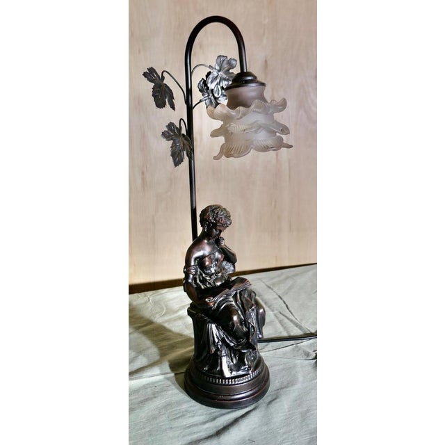 Goldenrod French Figural Bronze Lamp with Lady Reading, 1970s For Sale - Image 8 of 10