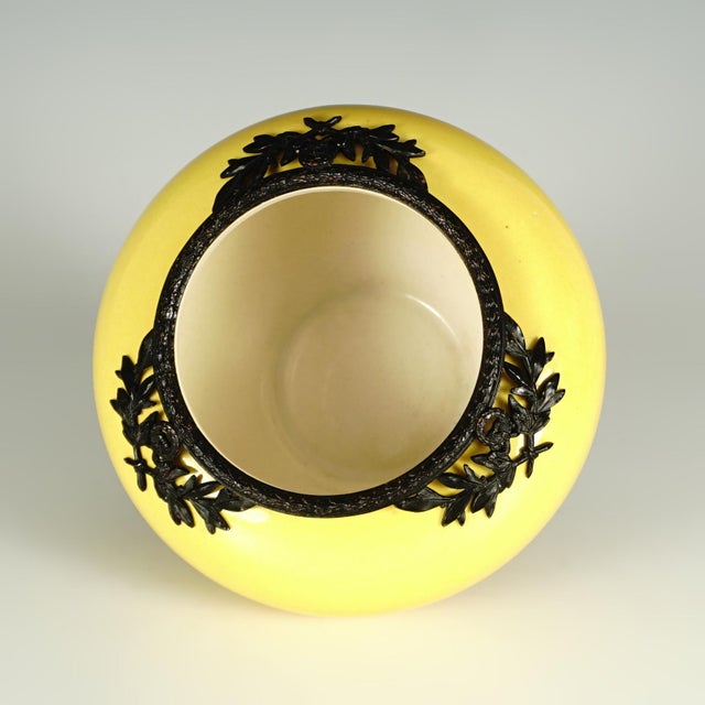Antique French Sevres Optat Milet Ceramic Rose Bowl Vase, Yellow Glaze, Blackened Bronze For Sale - Image 4 of 5