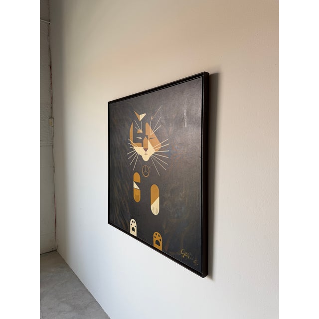 Abstract Large Vintage Abstract Geometric Cat Acrylic on Canvas – Framed For Sale - Image 3 of 16