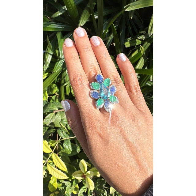 Set in 18k Gold, Aquamarine, Blue Sapphires, Emeralds & Diamonds Cocktail Ring, Us Size 7 For Sale - Image 4 of 10