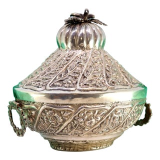 Silver Bonbon Box with Embossed Floral Motifs and Dove-Shaped Knob on the Hinged Lid and Two Handles For Sale
