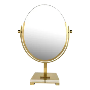 Vintage Mid Century Charles Hollis Jones Brass and Lucite Double Sided Oval Tabletop Mirror