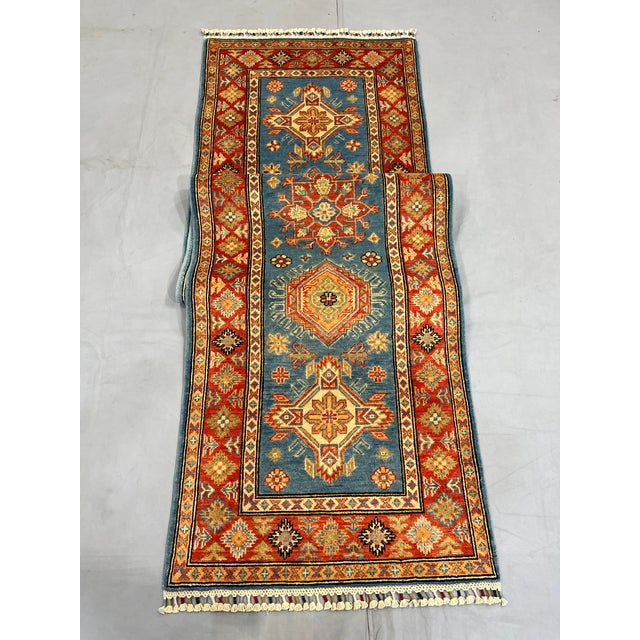 Blue and Rust Red Kazak Wool Runner Rug, Tribal Hallway Rug, 2'9" X 9'9" For Sale - Image 9 of 16