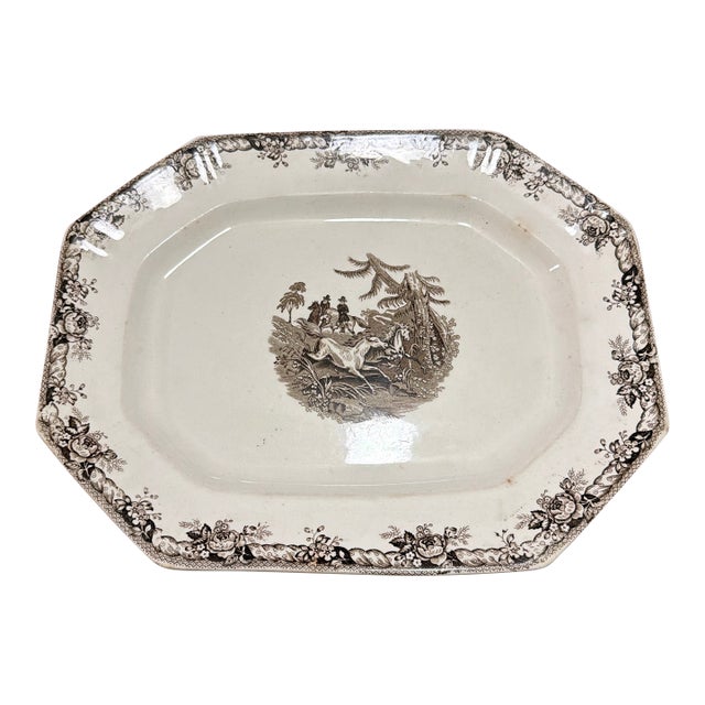 Antique Staffordshire Brown Transferware Oval Platter, Wild Horse Hunt Scene, Circa 1860s For Sale
