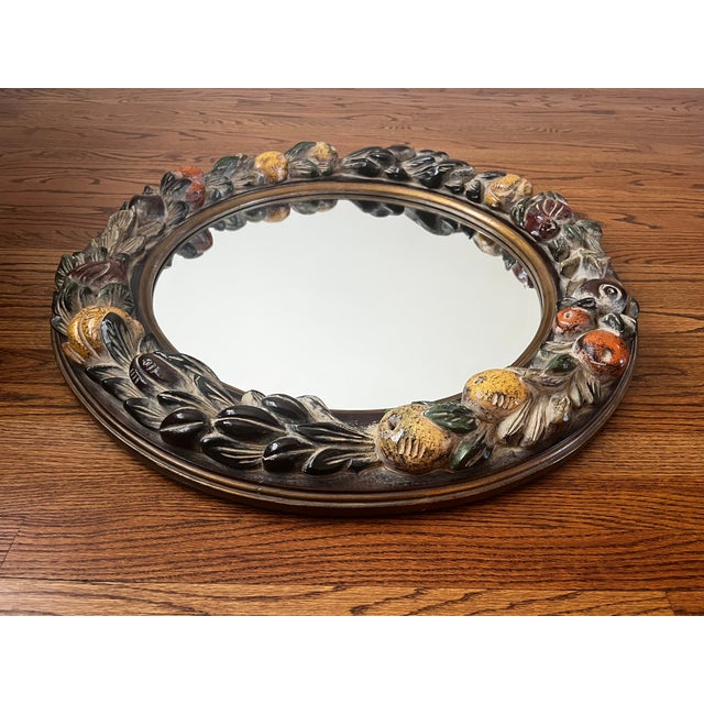 Wood Vintage La Barge Hand-Carved & Hand-Painted Italian Fruit Motif Beveled Round Wall Mirror, 30⅛" For Sale - Image 7 of 12