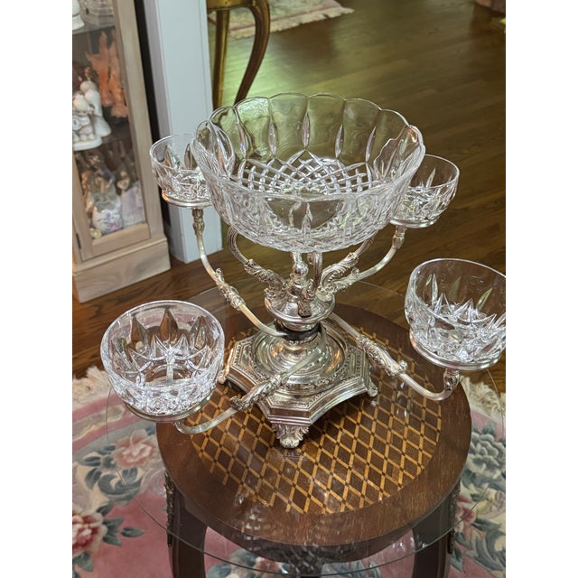 Mid 20th Century Mid 20th Century Antique Silver-Plated and Cut-Crystal Epergne Center Piece For Sale - Image 5 of 14