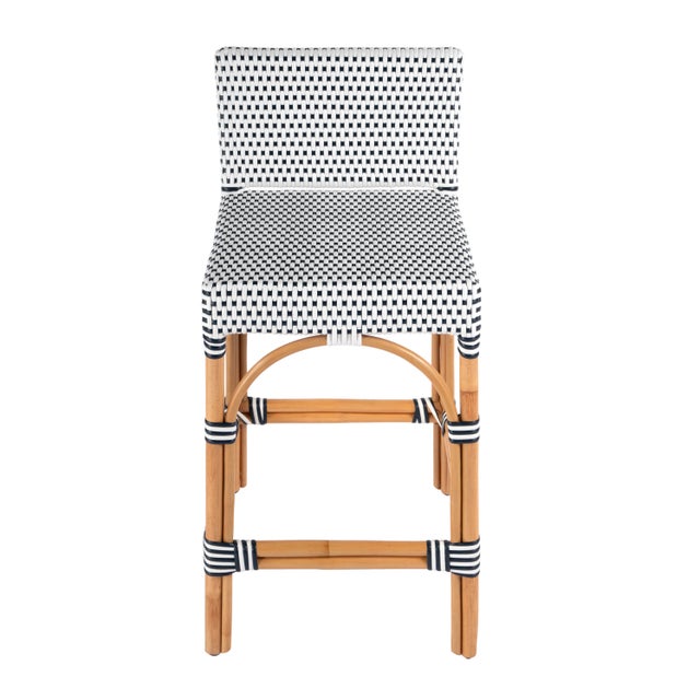 Spritely Home Accent Furniture Serienna 24.5 in. Seat Height Rectangular Rattan Low Back Counter Stool, White/Navy Dot / Natural Rattan Frame For Sale - Image 4 of 9