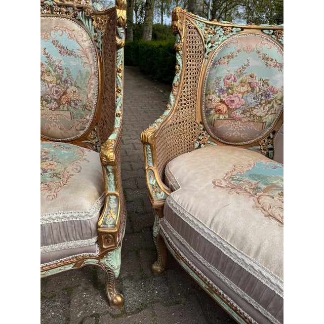 1940 French Louis XVI Pastel Cane Sofa Set - 5 Pc For Sale - Image 9 of 18