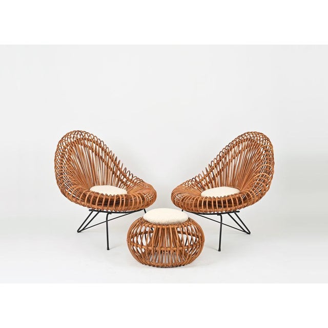 Rattan Chairs, Pouf and Mirror attributed to Janine Abraham & Dirk Jan Rol, 1960s, Set of 4 For Sale - Image 13 of 18