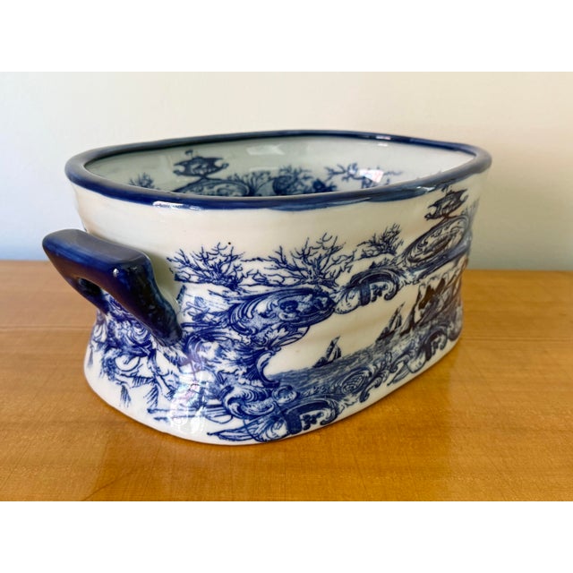 1980s Nautical Blue and White Transferware Foot Bath Planter For Sale - Image 4 of 11