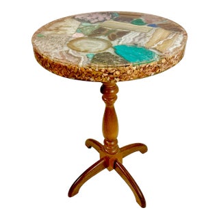 1950s Vintage Folk Art Boho Chic Lucite Encased Semi-Precious Stones Drinks Table With Butterfly Design For Sale