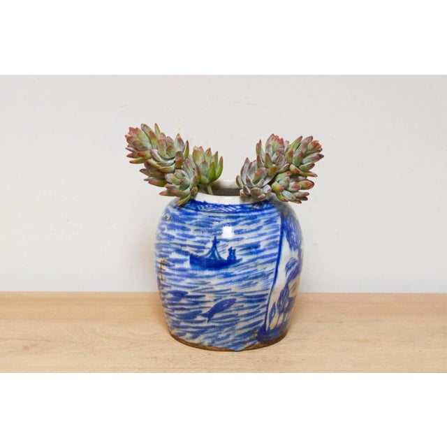 Chinese antique blue and white porcelain pitcher. This vase is beautifully decorated with tribal motifs and a still life...