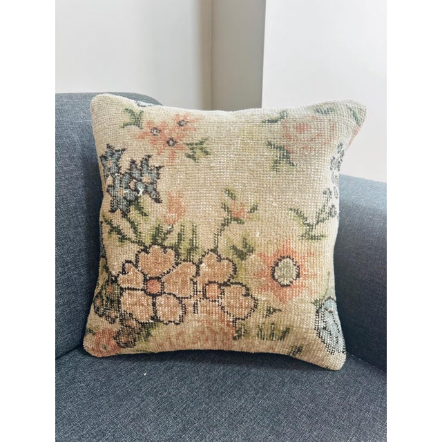 Vintage Turkish Rug Pillow Cover, Handwoven Wool Isparta Floral Cushion, Romantic Peach Sage Dusty Blue Boho Pillow, 16x16 In For Sale - Image 12 of 12