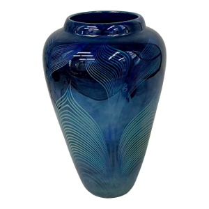 Randy Strong Art Glass Iridescent Cobalt Pulled Feather Vase