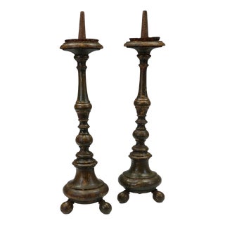 French Painted Wood Altar Candlesticks, 1780, Set of 2 For Sale