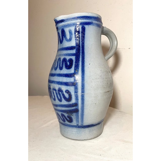 Antique 1800's Handmade Stoneware Salt Glazed Pitcher Pottery Jug Vase Handle For Sale - Image 4 of 8