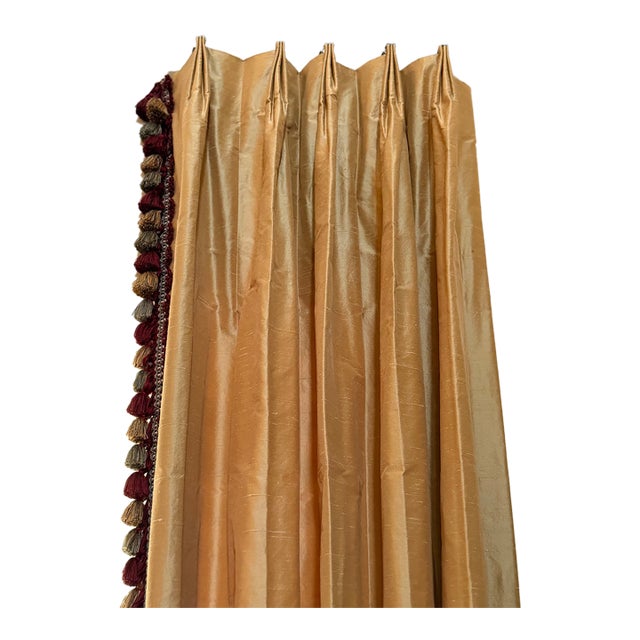 5 Drapery Panels Horchow/Neiman Marcus Silk Dupioni Gold With Custom Tassel Trim For Sale