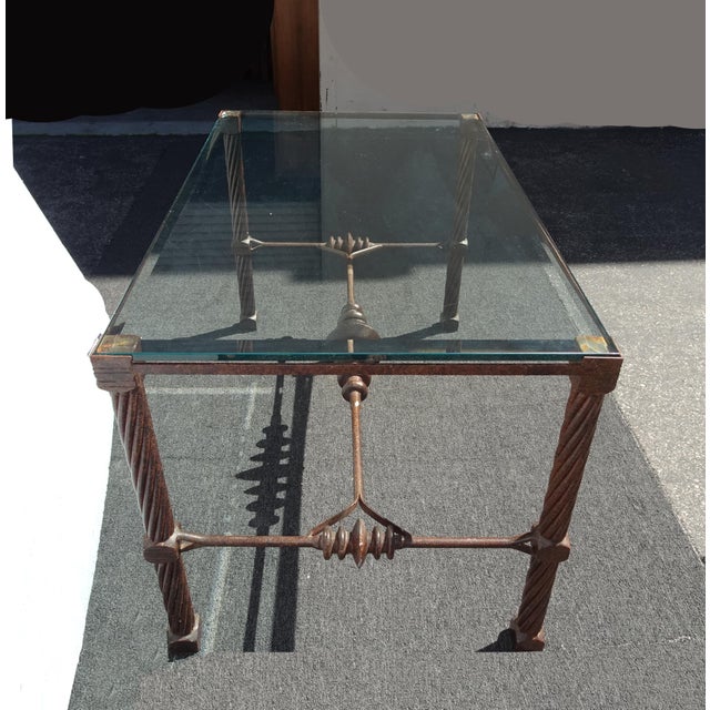 Vintage Diego Giocometti Iron Patinated Metal Dining Table Desk W Beveled Glass For Sale In Los Angeles - Image 6 of 16