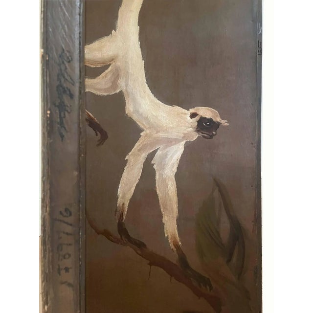 Antique large wooden three panel hand painted folding screen/room divider depicting snow monkeys galavanting in the trees....