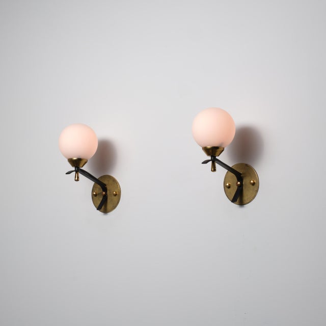Vintage Italian Wall Sconces in Brass and Opaline Glass Shade, 1950s, Set of 2 For Sale - Image 6 of 11