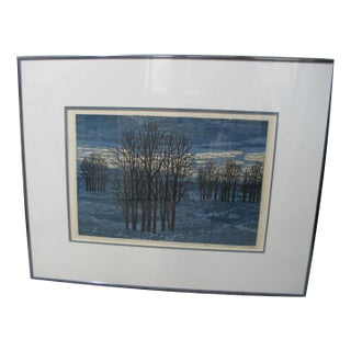 Fumio Fujita Japanese Signed Limited Edition Trees in Blue 1972 Woodblock Print For Sale