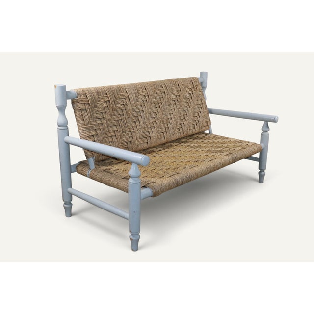 Vintage two-seater bench dating from the 1950s-1960s. Blue-grey painted wood frame with turned uprights and legs. The seat...