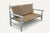 Vintage two-seater bench dating from the 1950s-1960s. Blue-grey painted wood frame with turned uprights and legs. The seat...