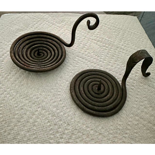 Metal Vintage 20th Century Medieval/Rustic Hand Forged Iron Spiral Candle/ Votive Holder- Pair of 2 For Sale - Image 7 of 11