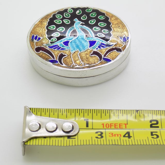 Vintage Italian Handmade Sterling Silver 925 Peacock Design Oval Solid Pill Box For Sale - Image 10 of 10