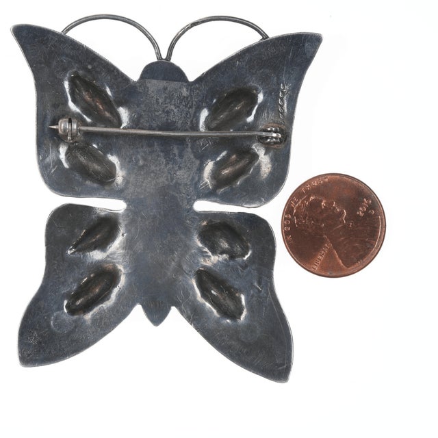 Contemporary c1940's Navajo repousse silver butterfly pin For Sale - Image 3 of 3