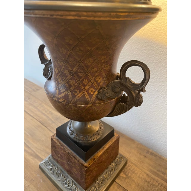 Metal Mid 20th Century Vintage Bronze Urn Table Lamps With Red and Gold Detailing - a Pair For Sale - Image 7 of 11