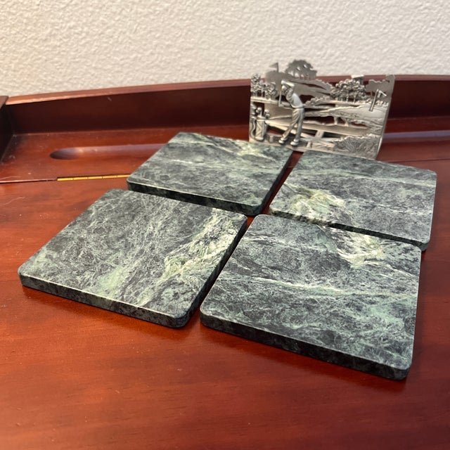 Mid 20th Century Vintage Pewter Golf Coaster Holder With Green Marble Coasters- 5 Pieces For Sale - Image 5 of 7
