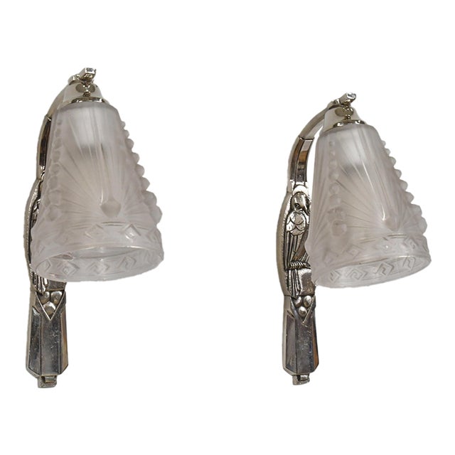 Schneider Pair of French Art Deco Tulip Shade Wall Sconces, Birds Motif - 1930s For Sale