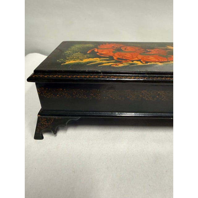 Traditional Hand-Painted Russian Lacquered Box With Horse and Sleigh Design For Sale - Image 3 of 12
