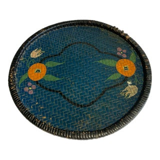 Vintage Painted Woven Basket Tray With Oranges & Florals For Sale