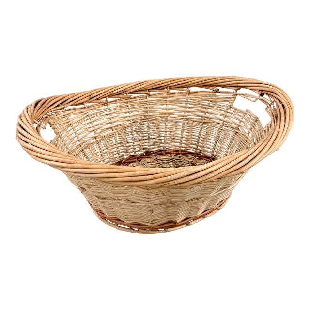Vintage Ombre Wicker Oval Basket Twisted Handles Large 23" × 17" For Sale