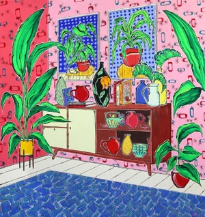 "Collector" Contemporary Original Fauvist Interior Scene Painting by Jonjo Elliott