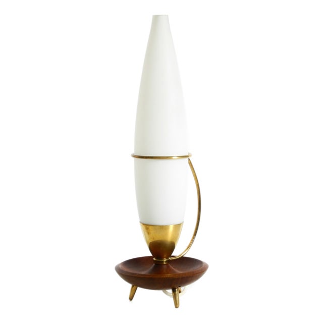Large Mid-Century Modern Table Lamp in Brass and Teak with Frosted Glass Shade, 1950s For Sale