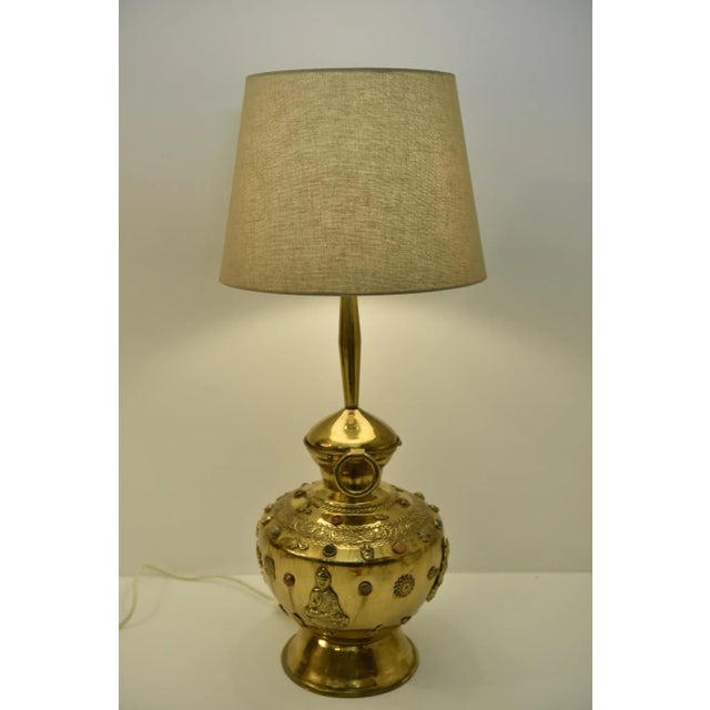 Large Brass and Gemstone Buddha Table Lamps, Set of 2 For Sale - Image 6 of 12