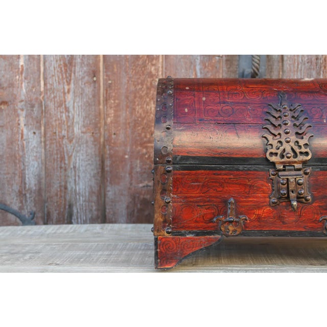 Indian Antique Goa Red Dome Top Trunk For Sale - Image 3 of 12