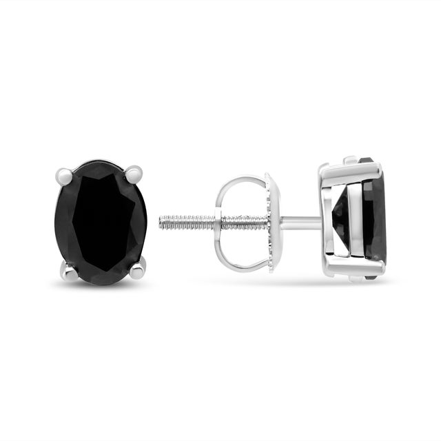 Contemporary .925 Sterling Silver 2.0 Cttw Prong Set Treated Black Oval Diamond Stud Earring (Black Color, I2-I3 Clarity) For Sale - Image 3 of 5