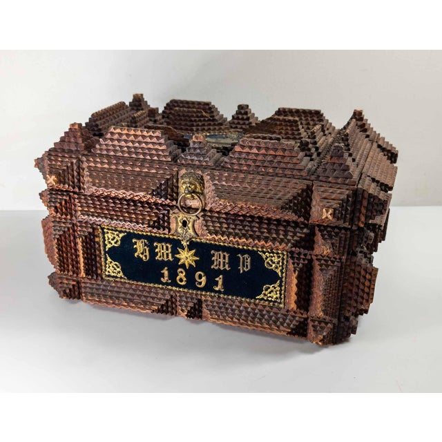 We are selling this great American folk art Tramp art box/ This chip carved and applied decoration box has great form with...